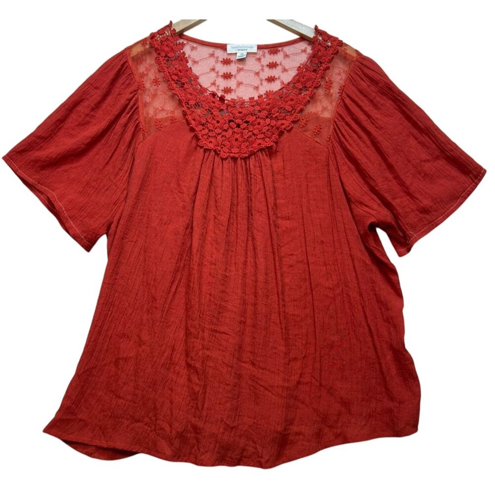 John Paul Richard Women's Crochet Lace Casual Top Short Sleeve Size 2X Muted Red